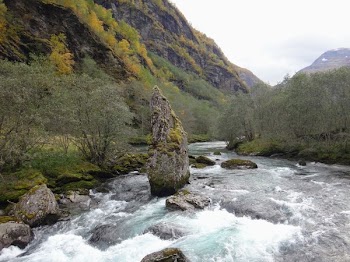 Rapids Rush Downhill Past Rocks