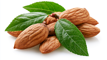 Raw Almond Nuts with Green Leaves Isolated on White Background