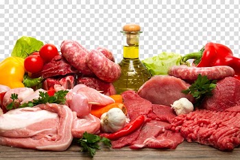 Raw meat and vegetables on top of table, Sausage Steak Venison Organic food Meat, meat transparent background PNG clipart