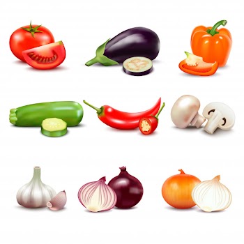 Raw vegetables with sliced isolated realistic  icons with pepper eggplant garlic mushroom courgette Free Vector