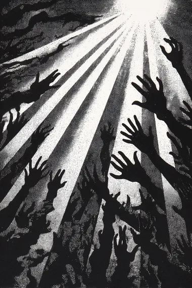 Reaching Hands in Shadows: A Black-and-White Screenprint Reaching Hands in Shadows: A Black-and-White Screenprint