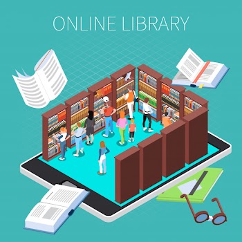 Reading and library composition with online library symbols isometric Free Vector