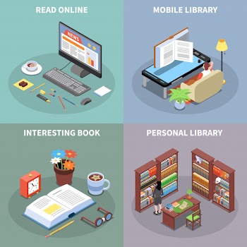Reading and library concept icons set with mobile library symbols isometric isolated Free Vector