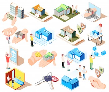 Real estate augmented reality isometric icon set with different elements and attributes of buildings  illustration Free Vector