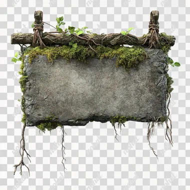 Realistic 3D Stone Sign with Roots and Moss