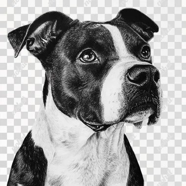 Realistic Black and White Portrait of an Amstaff