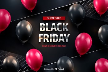 Realistic black friday with balloons Free Vector