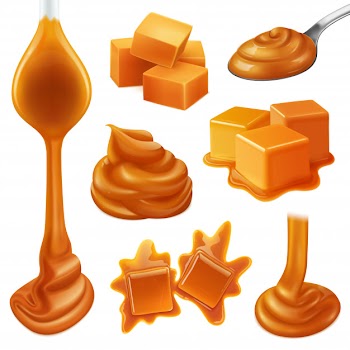 Realistic caramel candies icon set with creamy liquid and creamy drops of caramel Free Vector