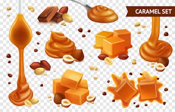 Realistic caramel chocolate nut icon set with different shapes taste and condition Free Vector