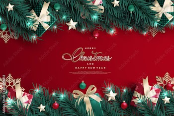 Realistic christmas and new year banner with branch decoration and gift box.