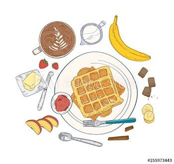 Realistic composition with delicious sweet breakfast meals and dessert morning food - wafers lying on plate, fruits, berries, coffee