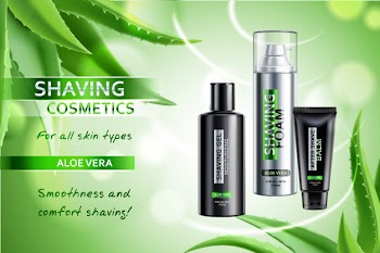 Realistic cosmetic shaving products with aloe vera advertising composition on blurred green with leaves illustration Free Vector