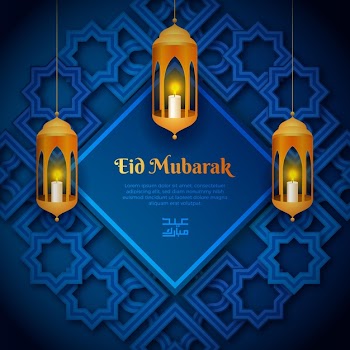 Realistic eid mubarak with hanging candles Free Vector