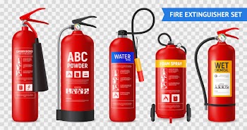 Realistic fire extinguisher set with isolated portable fire-fighting units of different shape on transparent background  illustration Free Vector