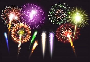 Realistic fireworks icon set in different sizes shapes and colors illuminated and bright  illustration Free Vector