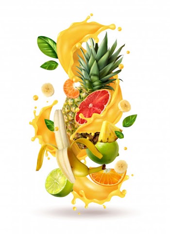 Realistic ftuiys juice splash burst composition with spray images and ripe tropical fruits on blank Free Vector