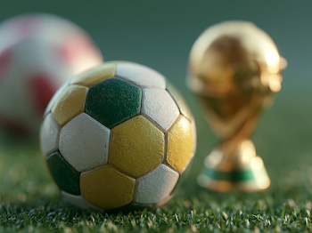 Realistic Green and Yellow Soccer Ball with Golden World Cup Trophy