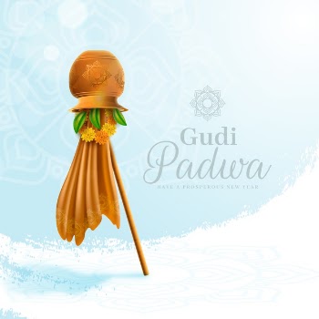 Realistic gudi padwa with flag and clear sky Free Vector