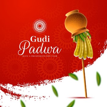 Realistic gudi padwa with flag and fallen leaves Free Vector