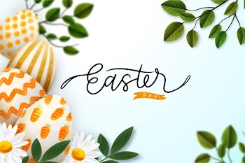 Realistic happy easter day eggs and leaves Free Vector