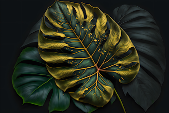 Realistic illustration of a bitropical leaves background with golden veins
