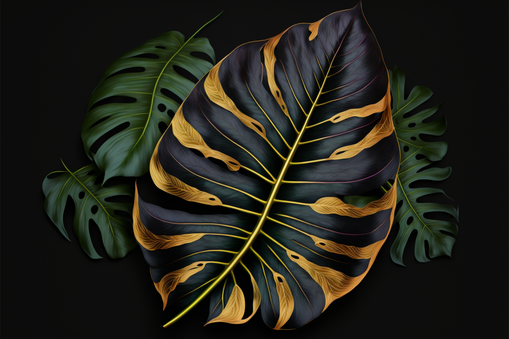 Realistic illustration of a bitropical leaves background with golden veins