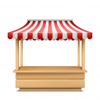 Realistic illustration of empty market stall with red and white striped awning Free Vector