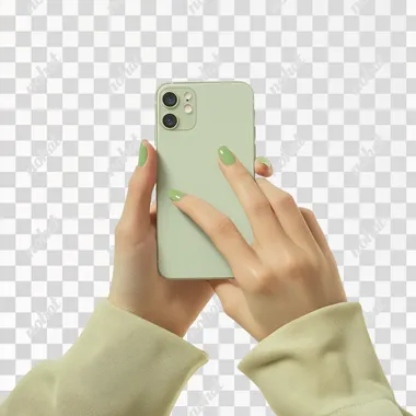 Realistic iPhone 15 Display: Young Hands with Green Nails