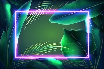 Realistic leaves with neon frame wallpaper Free Vector