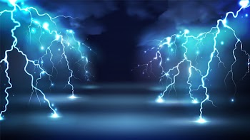 Realistic lightning bolts flashes composition with images of clouds in night sky and radiant glowing lightning strokes Free Vector