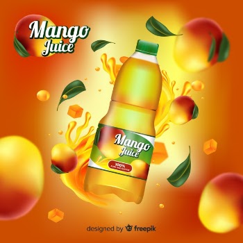 Realistic mango juice ad template Free Vector