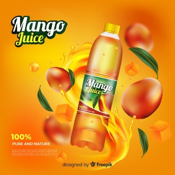 Realistic mango juice ad template Free Vector