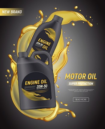 Realistic motor oil poster ads with editable text canister package splashes and drops of engine oil  illustration Free Vector