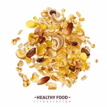 Realistic muesli superfood isolated  with editable text and fruity cereals mix on blank surface Free Vector