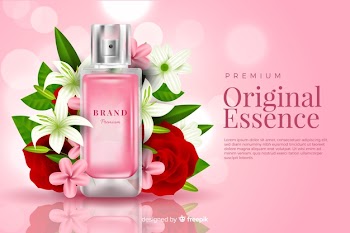 Realistic perfume ad with flowers Free Vector