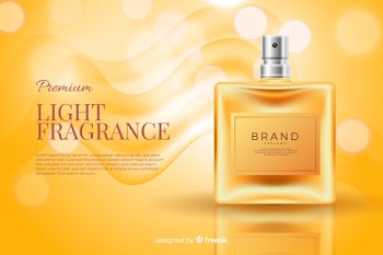 Realistic perfume bottle ad template Free Vector