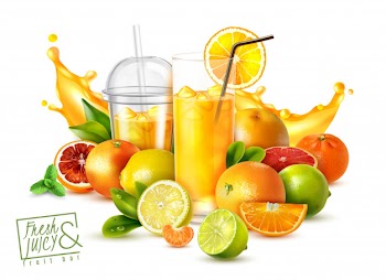 Realistic poster with citrus fruits and glasses of cold fresh juice on white Free Vector