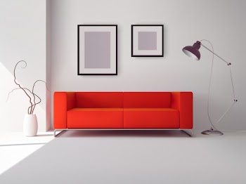 Realistic red square sofa with lamp