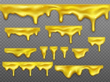 Realistic set of dripping gold liquid honey Free Vector