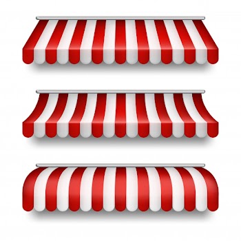Realistic set of striped awnings isolated on background. clipart with red and white tents Free Vector