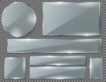 Realistic set of transparent glass plates, blank shining frames isolated on background. Free Vector