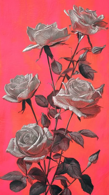 Realistic Silver Roses on Warm Pink Background Realistic Silver Roses on Warm Pink Background
