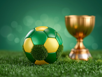 Realistic Soccer Ball and Gold Trophy on Grass