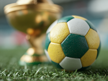 Realistic Soccer Ball with Gold World Cup Trophy on Grass