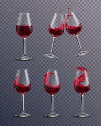 Realistic transparent collection of drinking glasses filled with red wine Free Vector