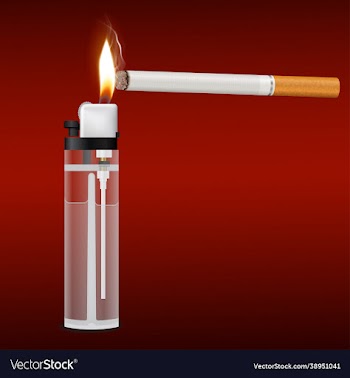 realistic white lighter and burning cigarette