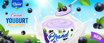 Realistic yogurt ads poster with currant yogurt nature and high quality product description  illustration Free Vector