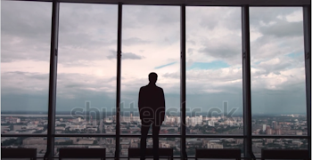 Rear view of man in formal suites who stand in front of panoramic ...