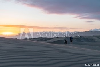 Rear view of people on sand dunes during sunset