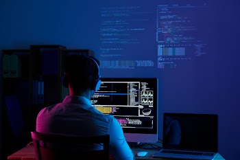 Rear view of programmer working all night long Free Photo